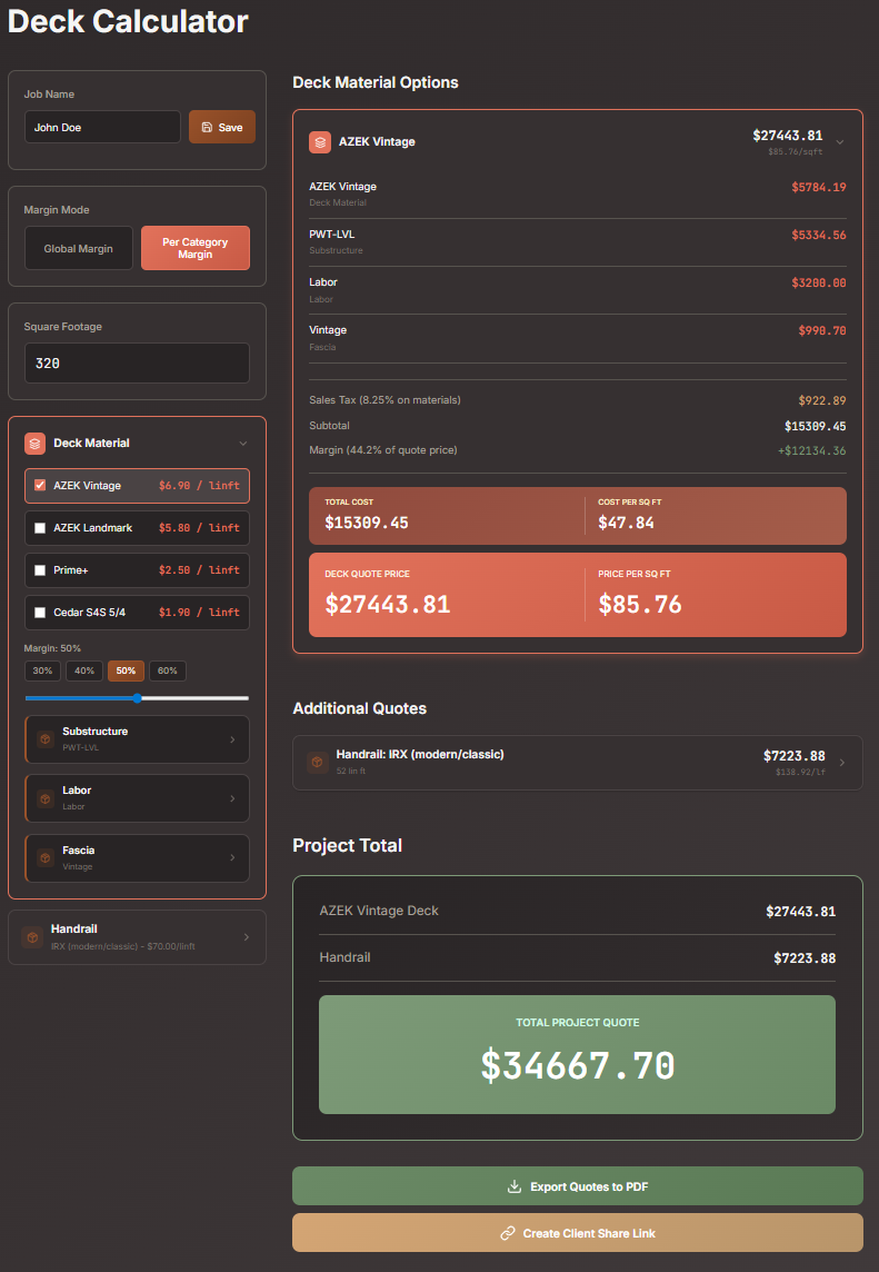 FieldRate deck estimating software screenshot showing structural takeoff and material list